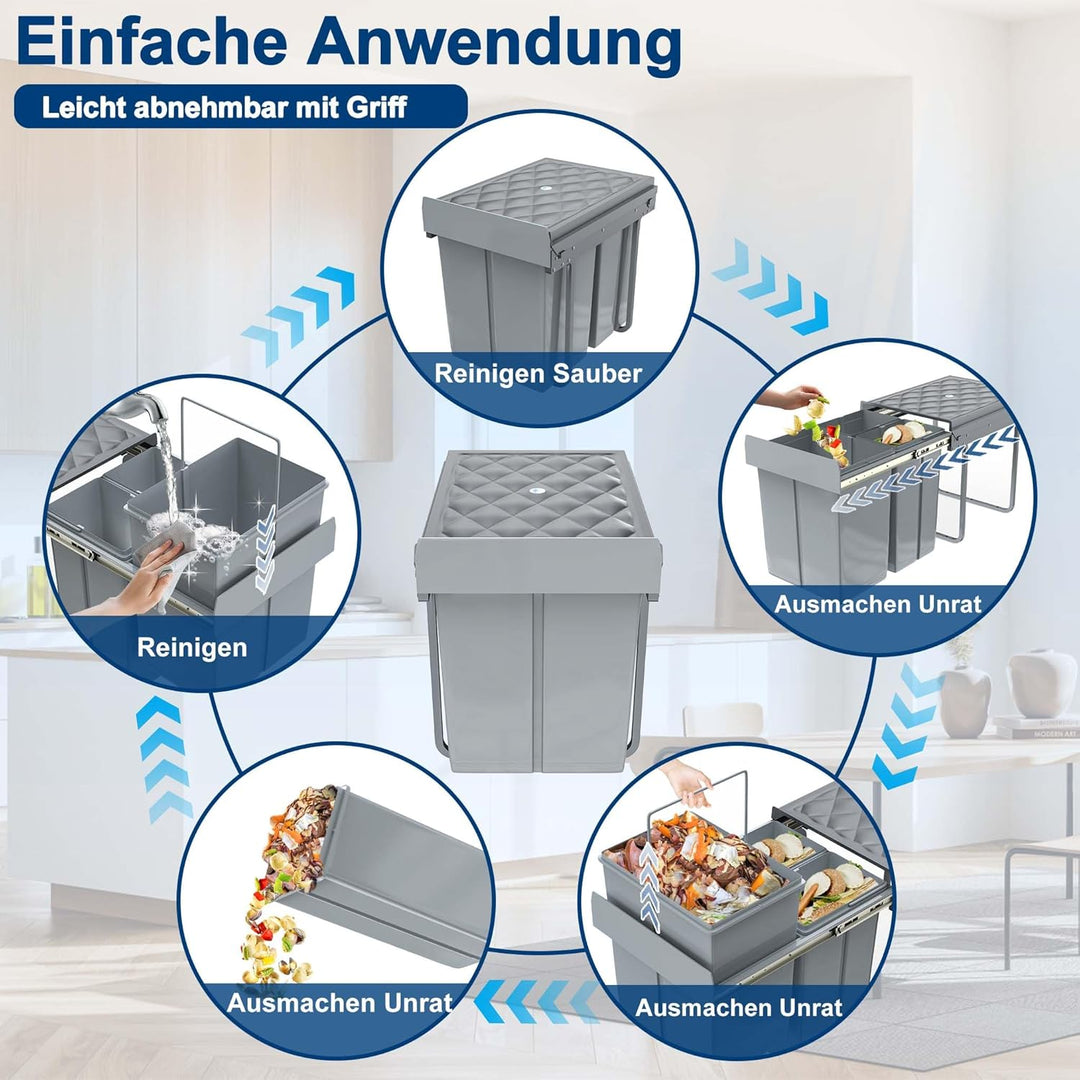 YUENFONG Einbaumülleimer 3 Fächer 2x10+20 Liter, Unterschrank Abfallsammler Mülleimer mit Teleskopsc