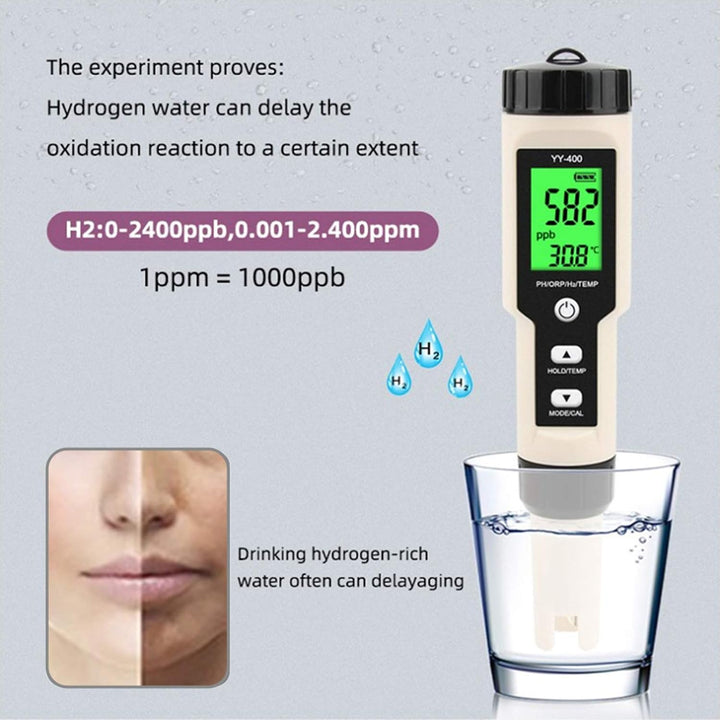 PUSOKEI Multifunktionales Wasserqualitätsmonitor-Testmessgerät, tragbar 4-in-1-PH-ORP-H2-Temperaturt