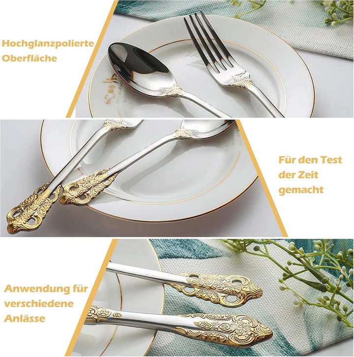 Prächtiges Barock Gold Silber 18/10 Edelstahl Besteck-Set mit 20 Teilen, rostfreies Edelstahl Bestec