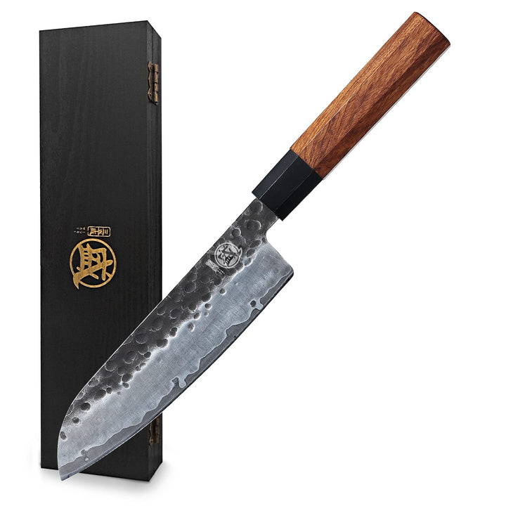 MITSUMOTO SAKARI Handgeschmiedetes Küchenmesser, Hochkohlenstoffstahl Scharfe Kochmesser, 19 cm Sant