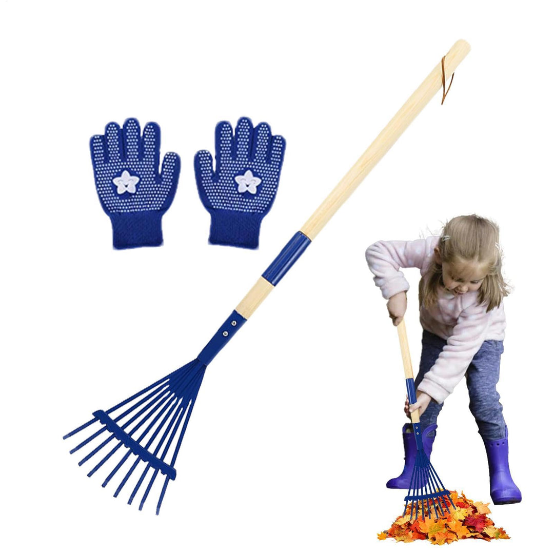 Kinder-Laubrechen 27 cm Abnehmbarer Holzstiel mit Handschuhen | Laubrechen für Gartenarbeit Camping