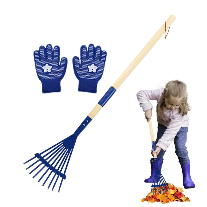 Kinder-Laubrechen 27 cm Abnehmbarer Holzstiel mit Handschuhen | Laubrechen für Gartenarbeit Camping