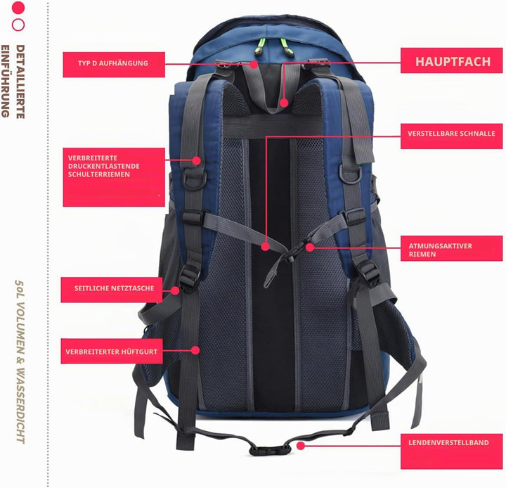 Bseash 50L Leichter wasserfester Wanderrucksack, Outdoor Sport Tagesrucksack Multifunktions Reisetas