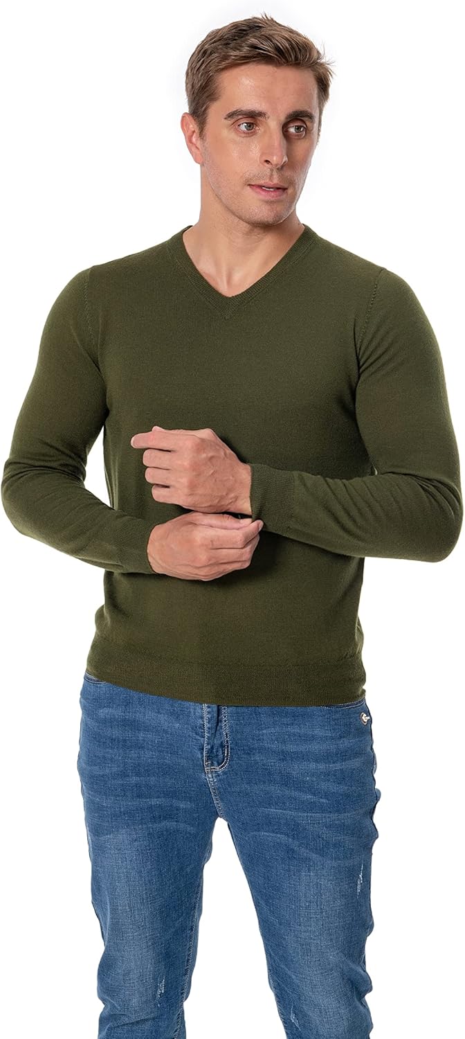 WOSICA Men's 100% Extrafine Merino Wool Knited Long Sleeve Pullover with V-Neck M Olive, M Olive