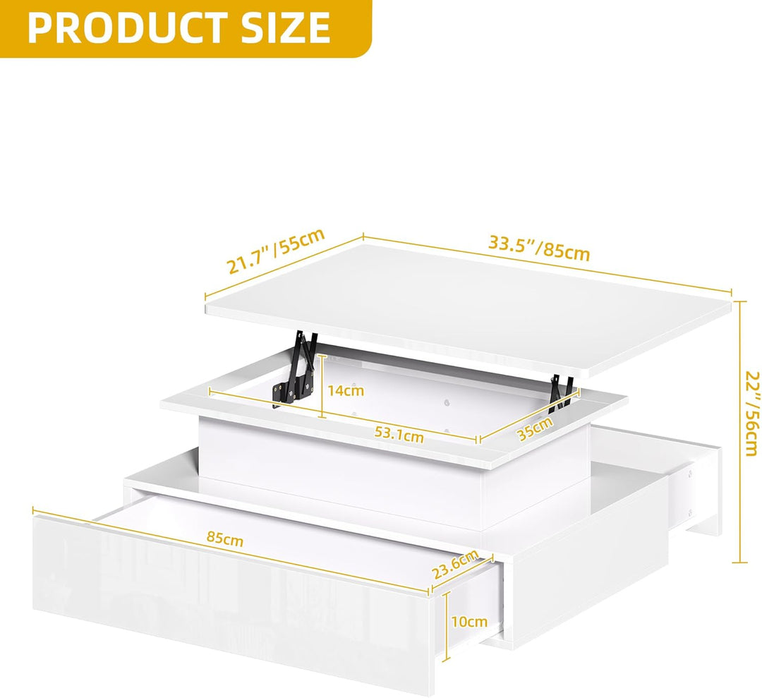 DWVO Couchtisch Hochglanz mit Schublade, Wohnzimmertisch Höhenverstellbar Modern mit 16-farbigem LED