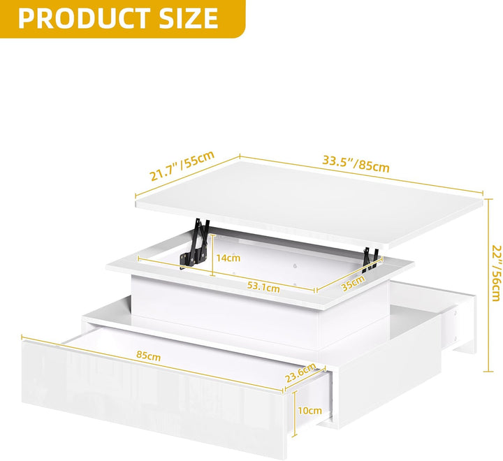 DWVO Couchtisch Hochglanz mit Schublade, Wohnzimmertisch Höhenverstellbar Modern mit 16-farbigem LED