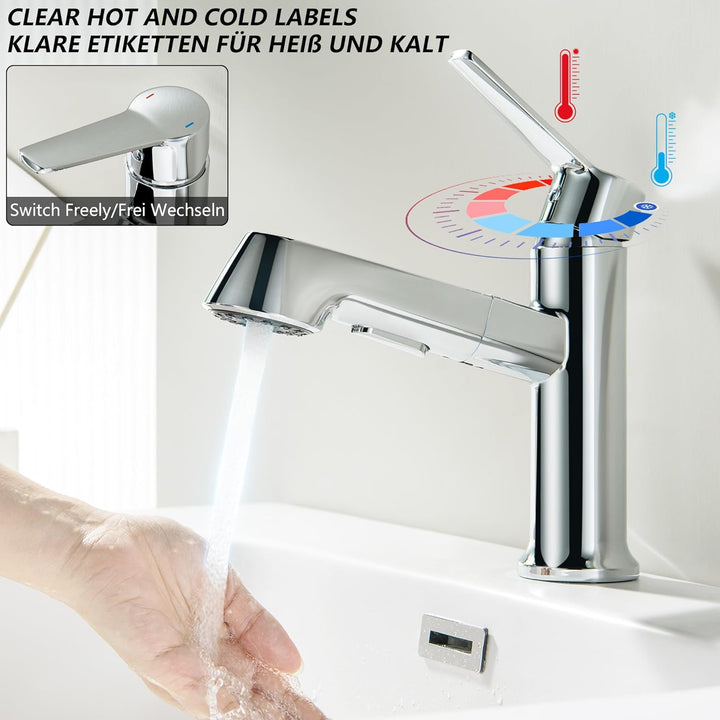 Waschtischarmatur ausziehbar mit Brause, Moderne Wasserhahn Bad Armatur mit 2 Strahlarten, Badarmatu