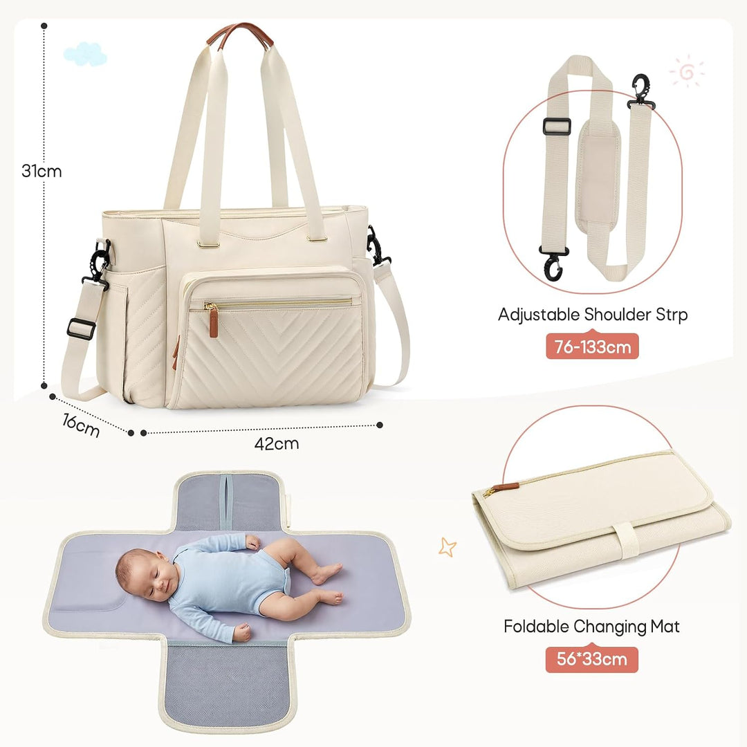 RAINSMORE Wickeltasche Gross mit Wickelunterlage &amp; Schnullertasche Cremeweiss, Cremeweiss