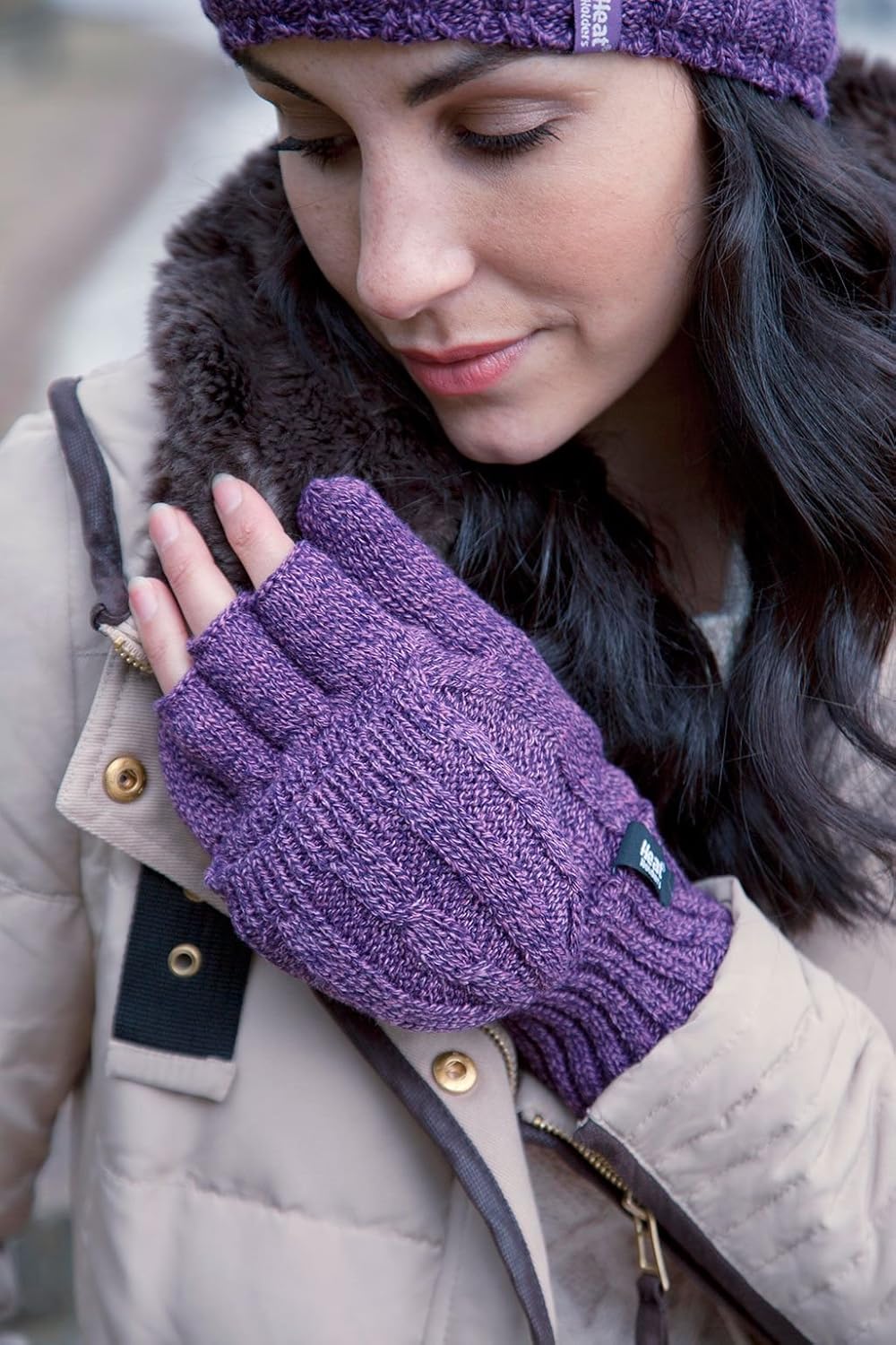 HEAT HOLDERS Fingerlose Damen-Thermo-Konverter-Handschuhe mit Zopfmuster, 2,3 Tog Violett, Violett