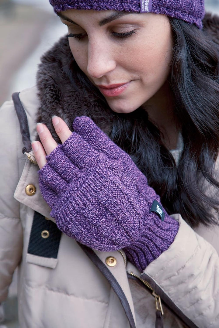 HEAT HOLDERS Fingerlose Damen-Thermo-Konverter-Handschuhe mit Zopfmuster, 2,3 Tog Violett, Violett