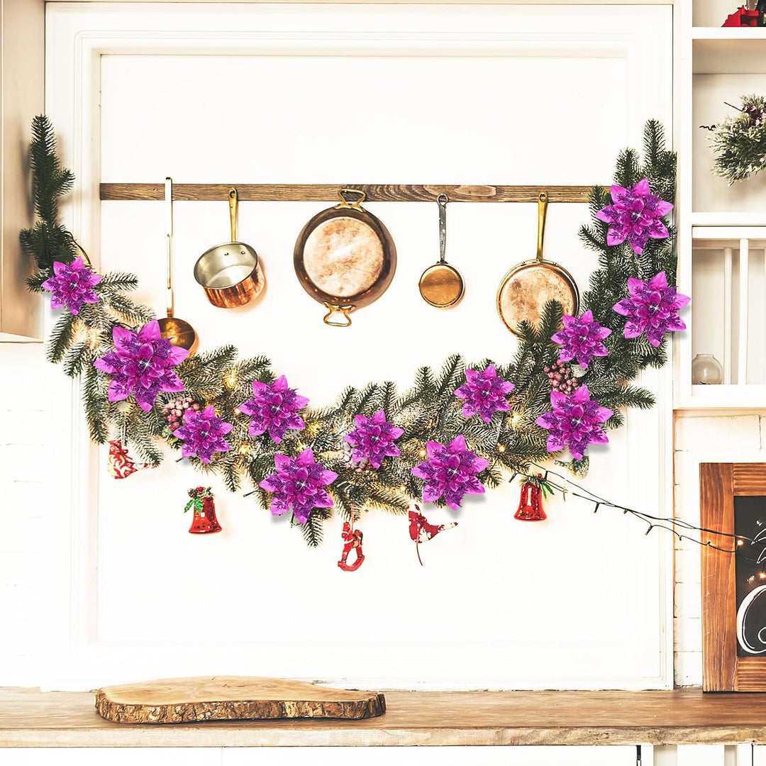 24 Weihnachten Künstliche Glitzer Weihnachtsstern Blumen Künstlich Weihnachtsblumen Hochzeit Dekorat
