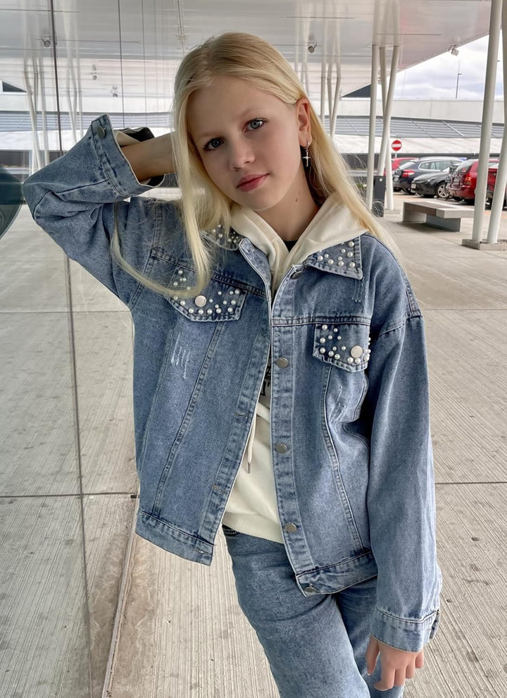 Rolanko Jeansjacke für Mädchen, Basic Trucker Jacke aus Denim Outwear Button Down Jeans Hemden 6-7 J