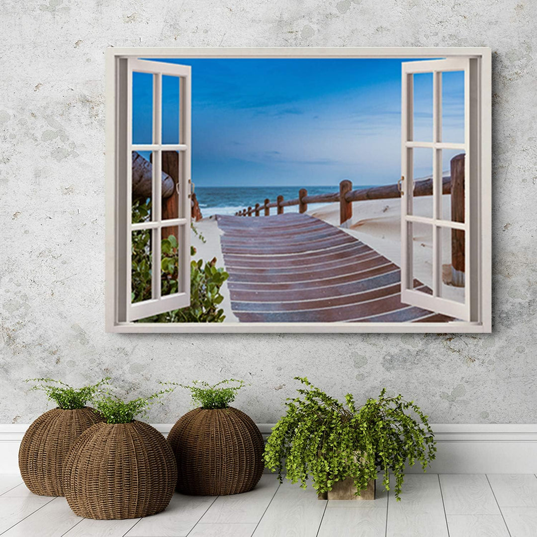Feeby Wandbild Fenster-Illusion Druckbild Leinwandbild Landschaft Blau 90x60 cm Leinwandbild 90x60 c