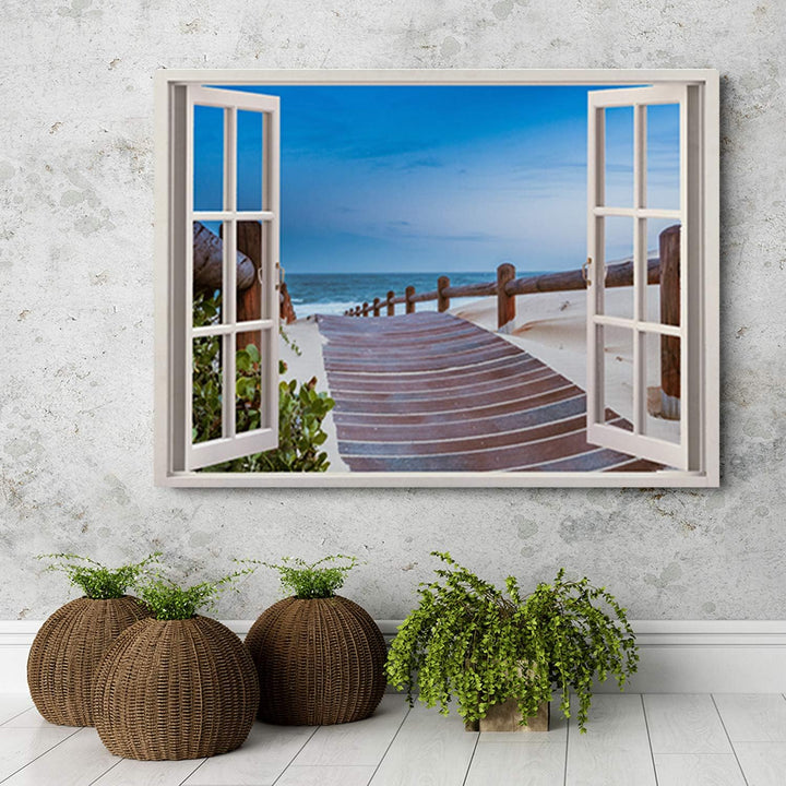 Feeby Wandbild Fenster-Illusion Druckbild Leinwandbild Landschaft Blau 90x60 cm Leinwandbild 90x60 c