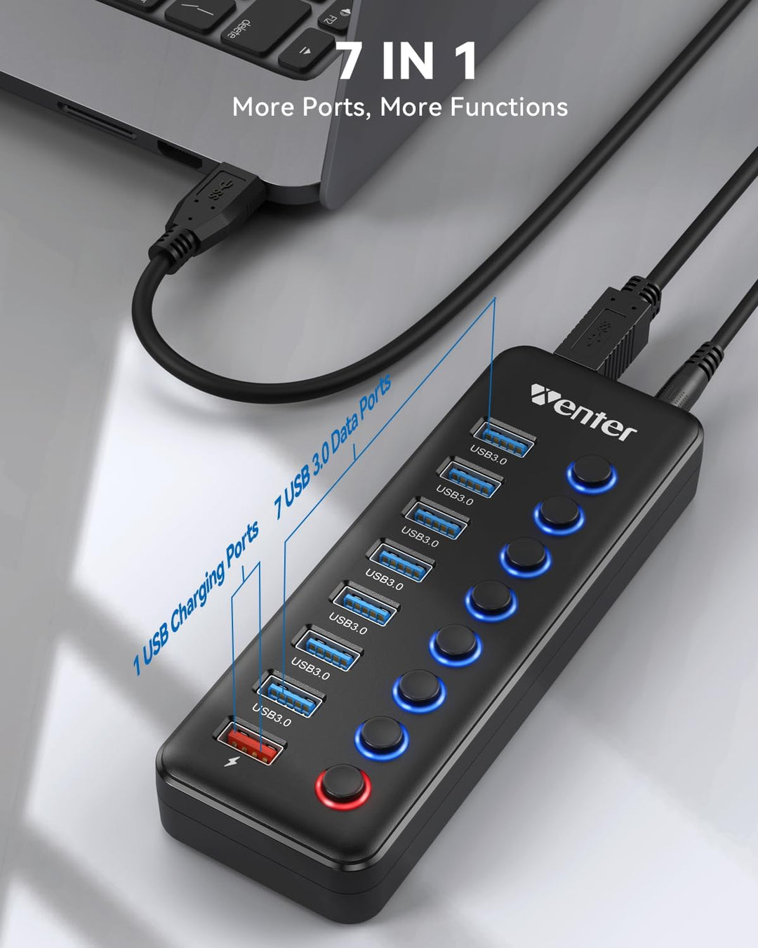 WENTER USB Hub 3.0 Aktiv, 11 Ports 36W (12V / 3A) Netzteil, USB 3.0 Mehrfach Ports Verteiler mit LED
