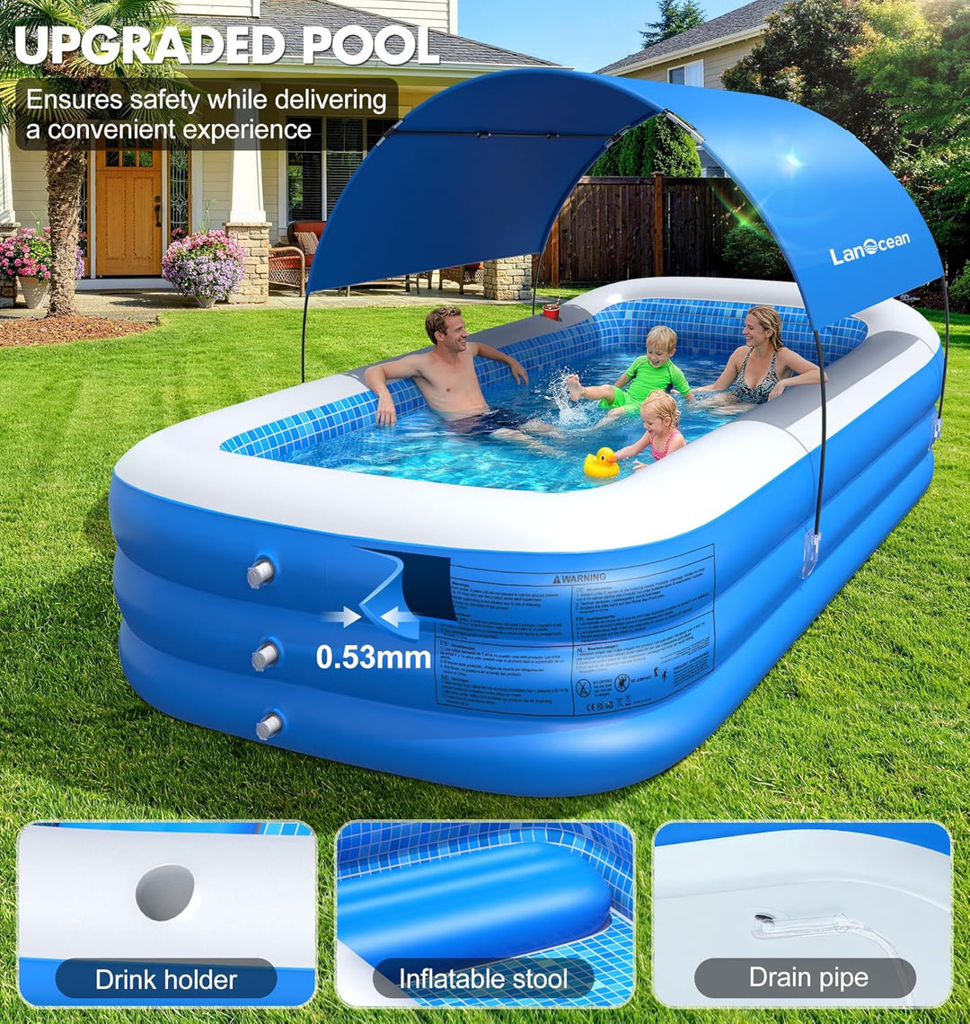 LanOcean Aufblasbarer Pool mit Sonnenschirm, 280*160*50CM Rechteckig Planschbecken für Kinder Gross,