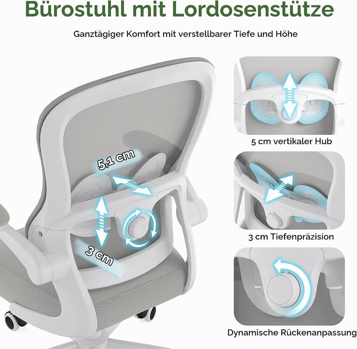Farini Ergonomischer Mesh Rollcomputer Stuhl mit Verstellbarer Lendenstütze und aufklappbaren Armleh