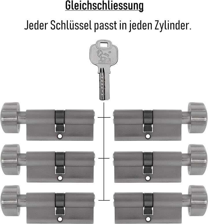 6x Zylinderschloss 60 mm gleichschliessend mit Knauf KD (mit Not- und Gefahrenfunktion) inkl. 30 Wen