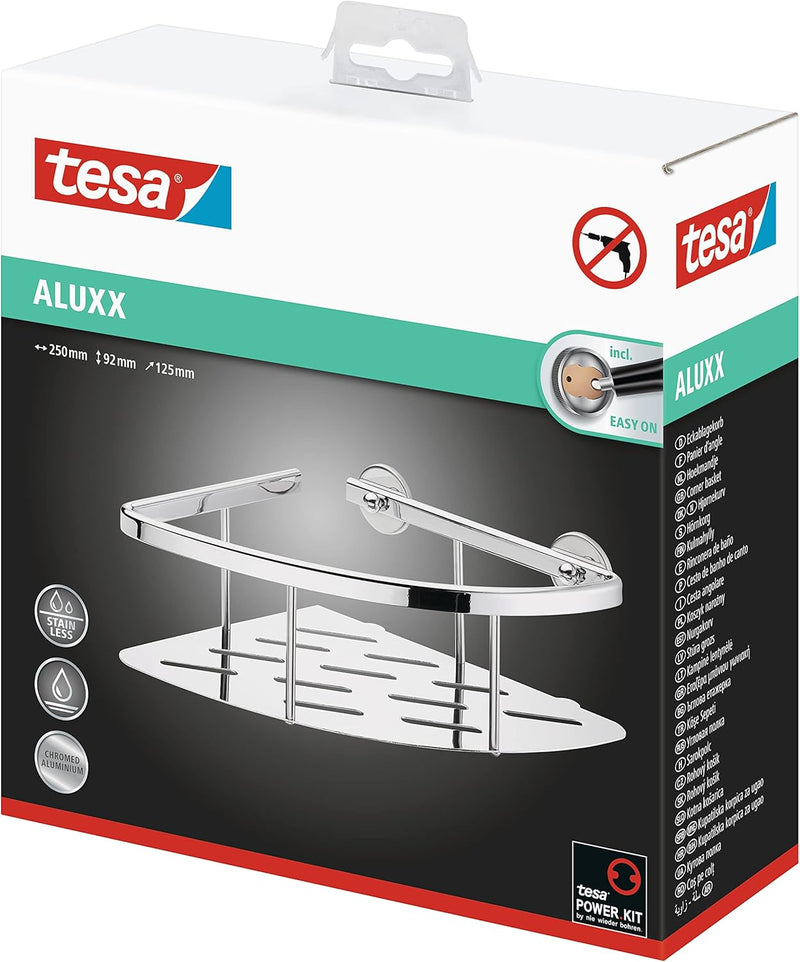 tesa ALUXX Eckablage für die Dusche, Aluminium, verchromt, rostfrei, inkl. Klebelösung, tiefer Boden