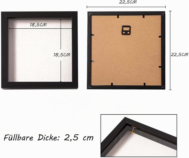Muzilife 3D Bilderrahmen mit Echtglas 22x22 cm Holz, Tiefer Objektrahmen zum Befüllen für Wandbehang