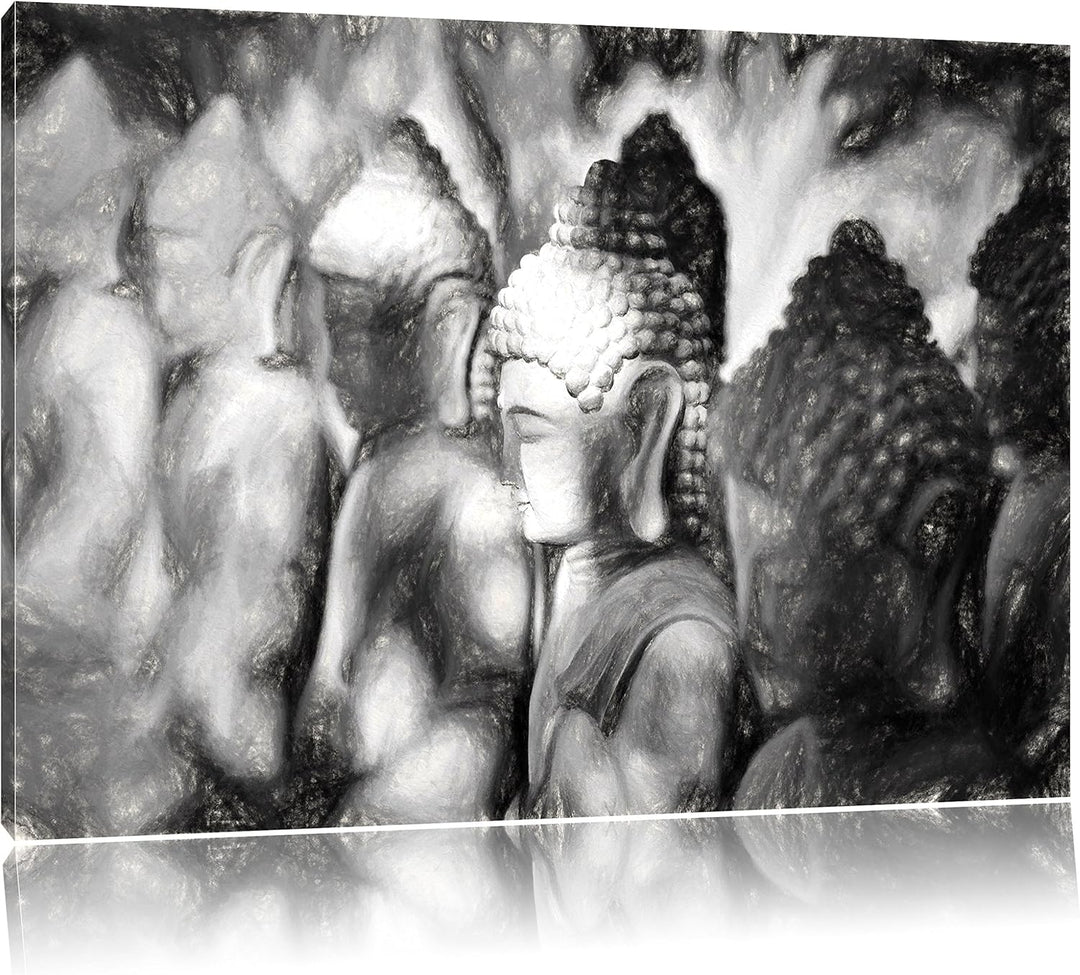 Pixxprint Buddha-Statuen in Einer Reihe / 100x70cm Leinwandbild bespannt auf Holzrahmen/Wandbild Kun
