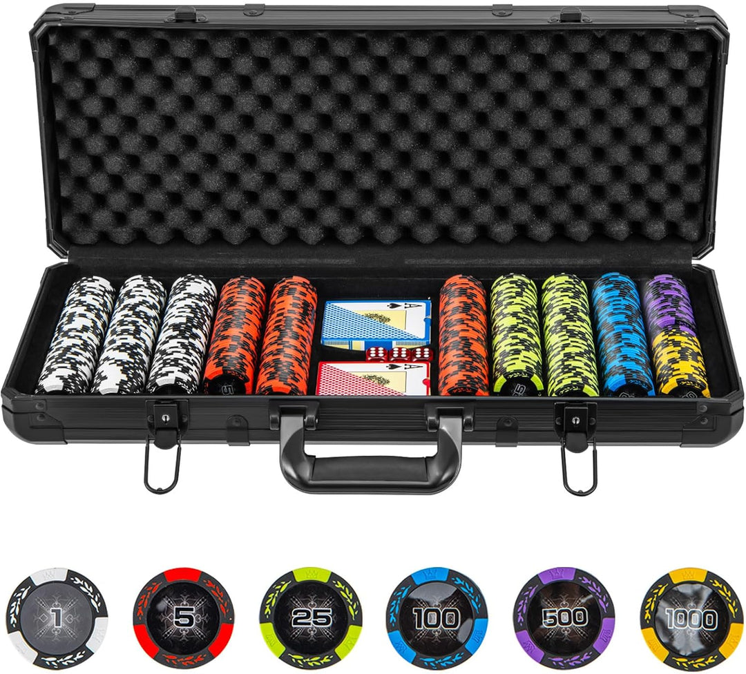 DREAMADE Aluminium Pokerkoffer mit 500 nummerierten Laser Poker Chips/ 2 Pokerkarten Set/ 5 Würfel/