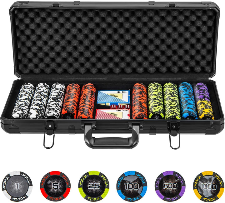 DREAMADE Aluminium Pokerkoffer mit 500 nummerierten Laser Poker Chips/ 2 Pokerkarten Set/ 5 Würfel/