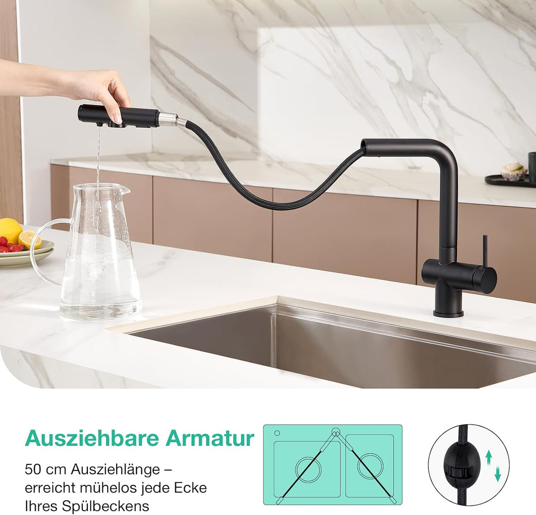 Faustina 3 Wege Küchenarmatur mit Brause ausziehbar, Einhebelmischer Armatur Wasserhahn Spültischarm