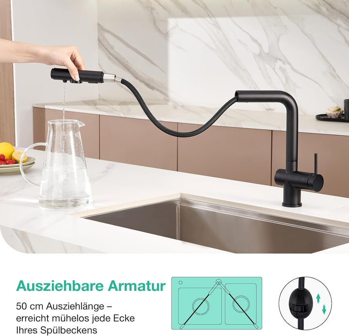 Faustina 3 Wege Küchenarmatur mit Brause ausziehbar, Einhebelmischer Armatur Wasserhahn Spültischarm