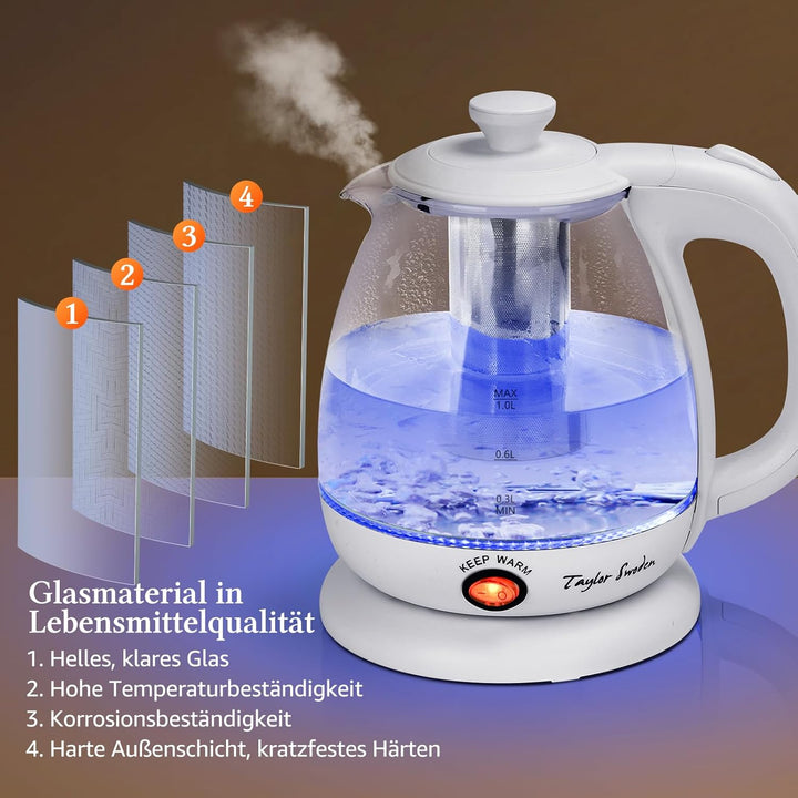 Taylor Swoden Wasserkocher Glas 1 Liter, 2200 W, Elektrischer Wasserkocher mit LED-Beleuchtung, BPA-