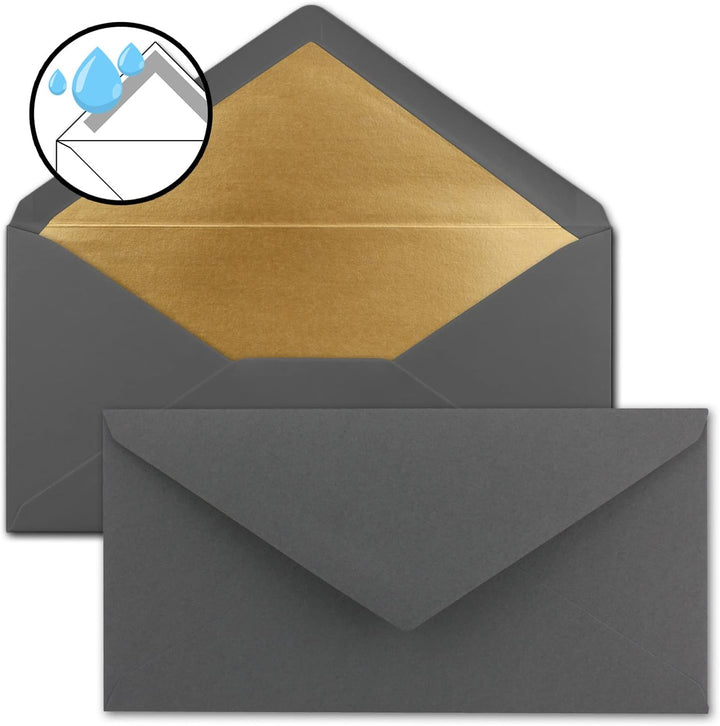 100 Brief-Umschläge DIN Lang - Anthrazit-Grau mit Gold-Metallic Innen-Futter - 110 x 220 mm - Nasskl