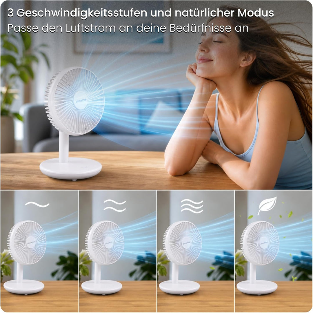 Tischventilator sehr leise - Akku USB Ventilator 4000mAh, Ø 16,5cm, bürstenloser 7-Flügel Mini Lüfte