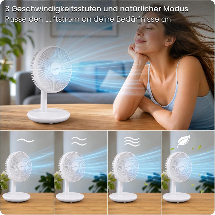 Tischventilator sehr leise - Akku USB Ventilator 4000mAh, Ø 16,5cm, bürstenloser 7-Flügel Mini Lüfte