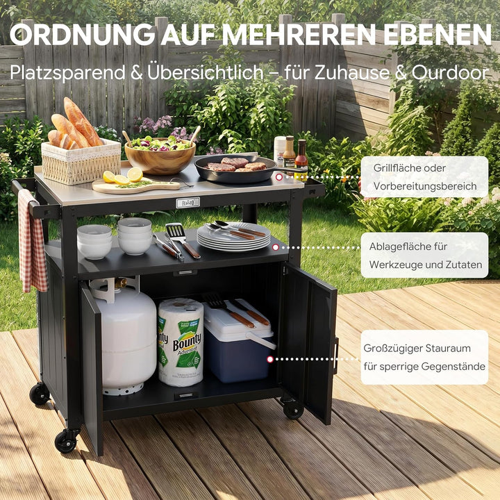Feasto Servierwagen mit Rollen, Grillwagen mit Schrank, Edelstahlplatte, Outdoor Küche für Terrasse