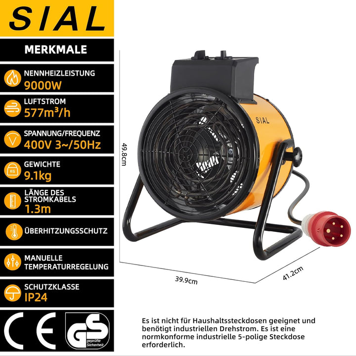 SIAL Industriell Heizlüfter 9000W, 400V - Elektrische Heizung - Heizstrahler Bauheizer - Heizgebläse