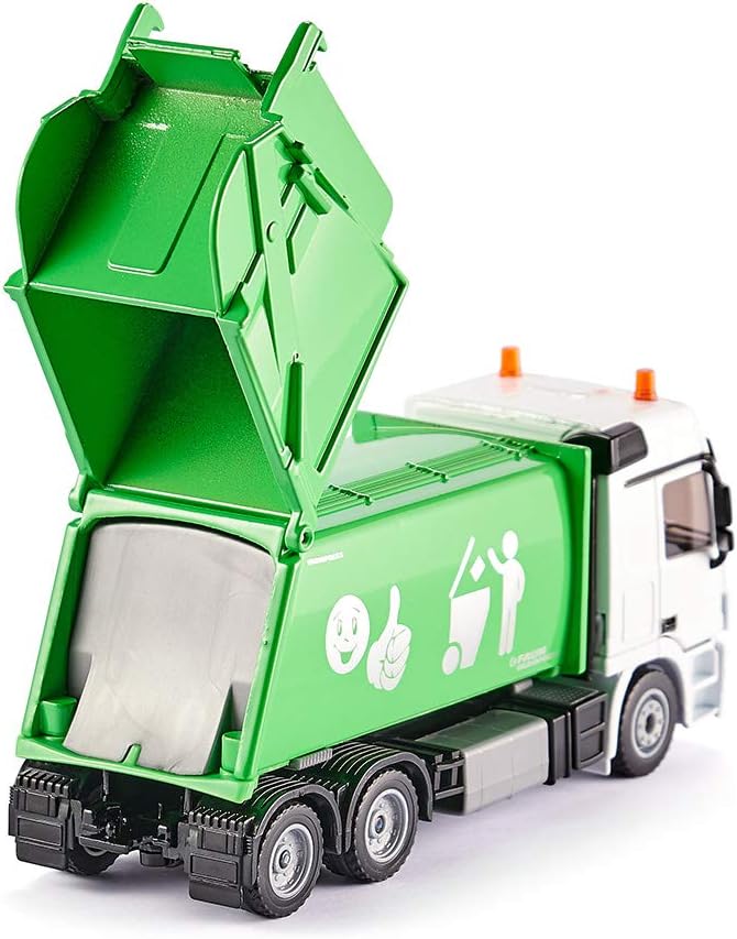siku 2938, Müllwagen, 1:50, Metall/Kunststoff, Grün/Weiss, Öffenbarer Heckbereich, Inkl. Mülltonne,