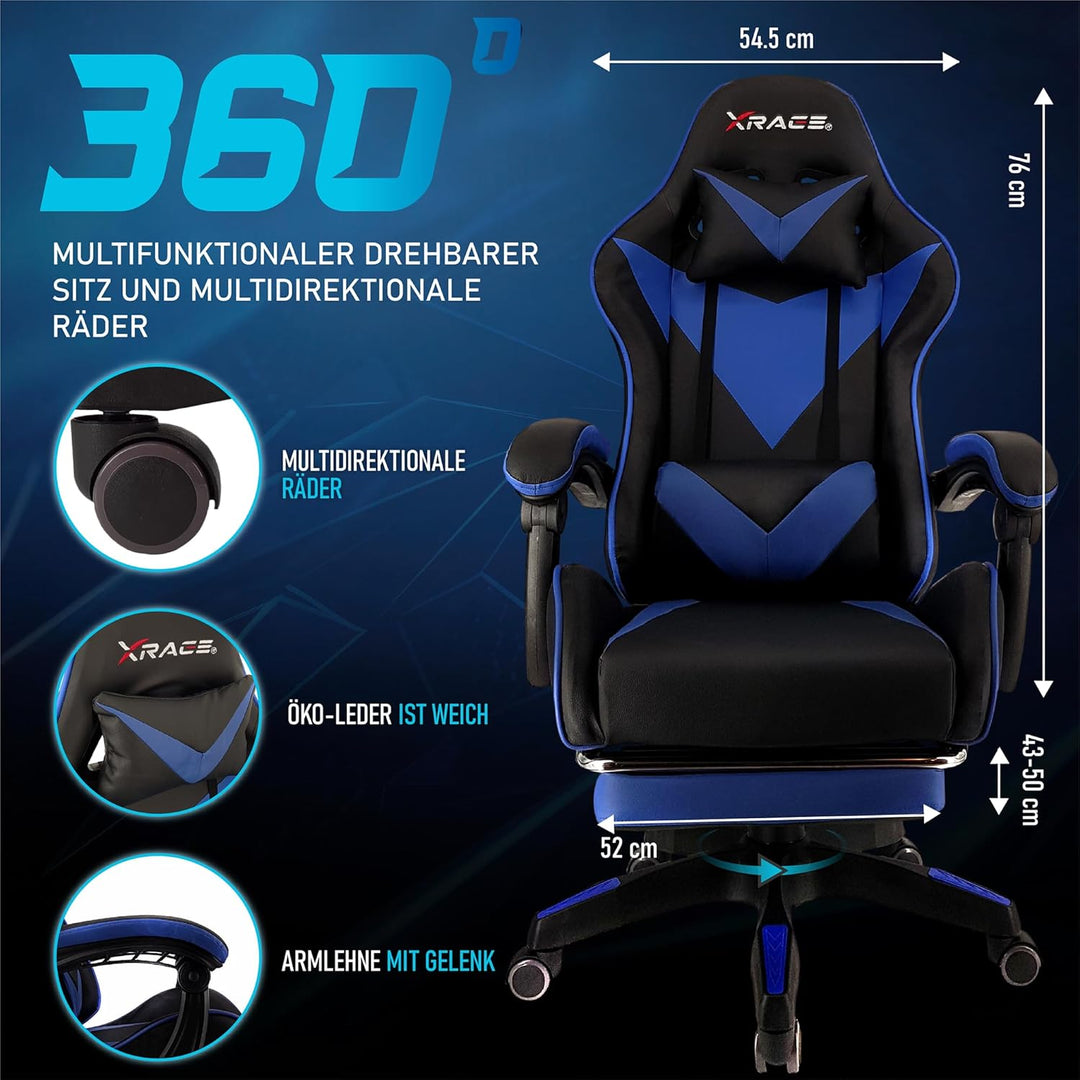 xRace Gaming-Stuhl Hoher Drehstuhl aus Leder mit Lendenwirbelstütze, Kopfstütze und Fussstütze, vers