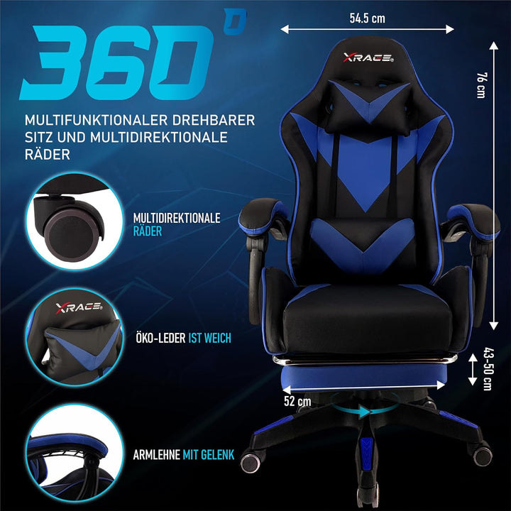 xRace Gaming-Stuhl Hoher Drehstuhl aus Leder mit Lendenwirbelstütze, Kopfstütze und Fussstütze, vers