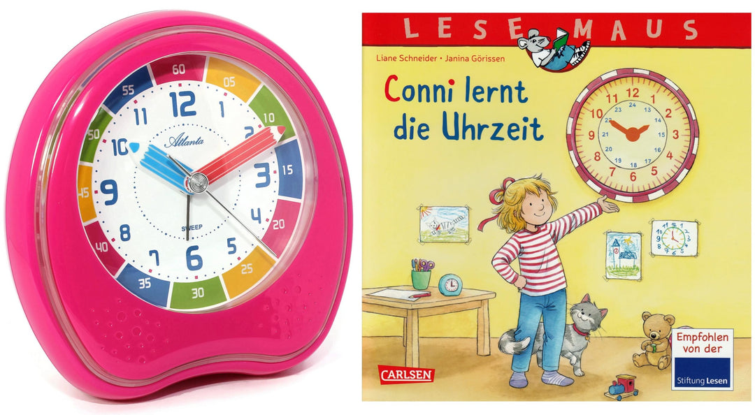 Atlanta Kinderwecker ohne Ticken + Lernbuch Conni Die Uhrzeit - 1953/17 BU Rosa, Rosa