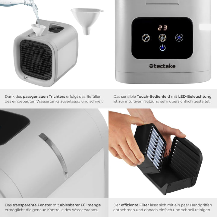 tectake® Luftkühler mit LED, mobile Klimaanlage ohne Abluftschlauch, Ventilator mit Wasserkühlung, K