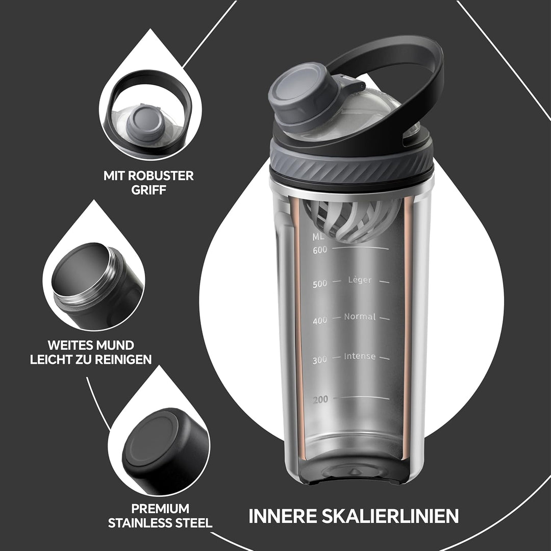 Ideus Shaker Protein Trinkflasche 700ml (24oz)，Doppelwandig Edelstahl Sportflasche mit Skalierlinien
