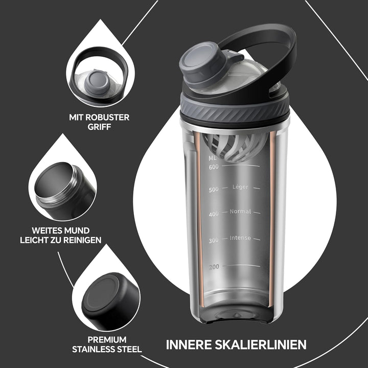 Ideus Shaker Protein Trinkflasche 700ml (24oz)，Doppelwandig Edelstahl Sportflasche mit Skalierlinien