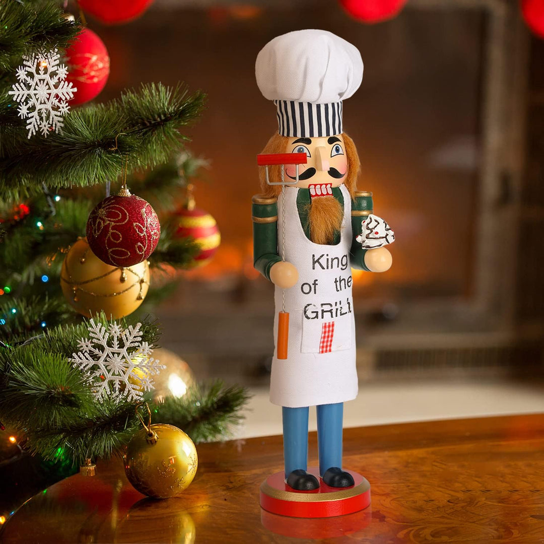AULUDA 38,1 cm Weihnachts-Dekorativer Nussknacker, Koch mit Grillgabel und Kuchen, handgefertigte Ho
