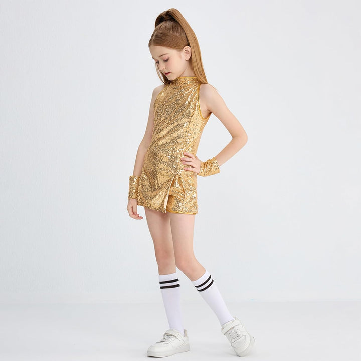 LOLANTA Mädchen Pailletten-Kostüm Hip Hop Dancewear Funkelndes Tanzkleid Gesetzt 4-5 Jahre Gold, 4-5