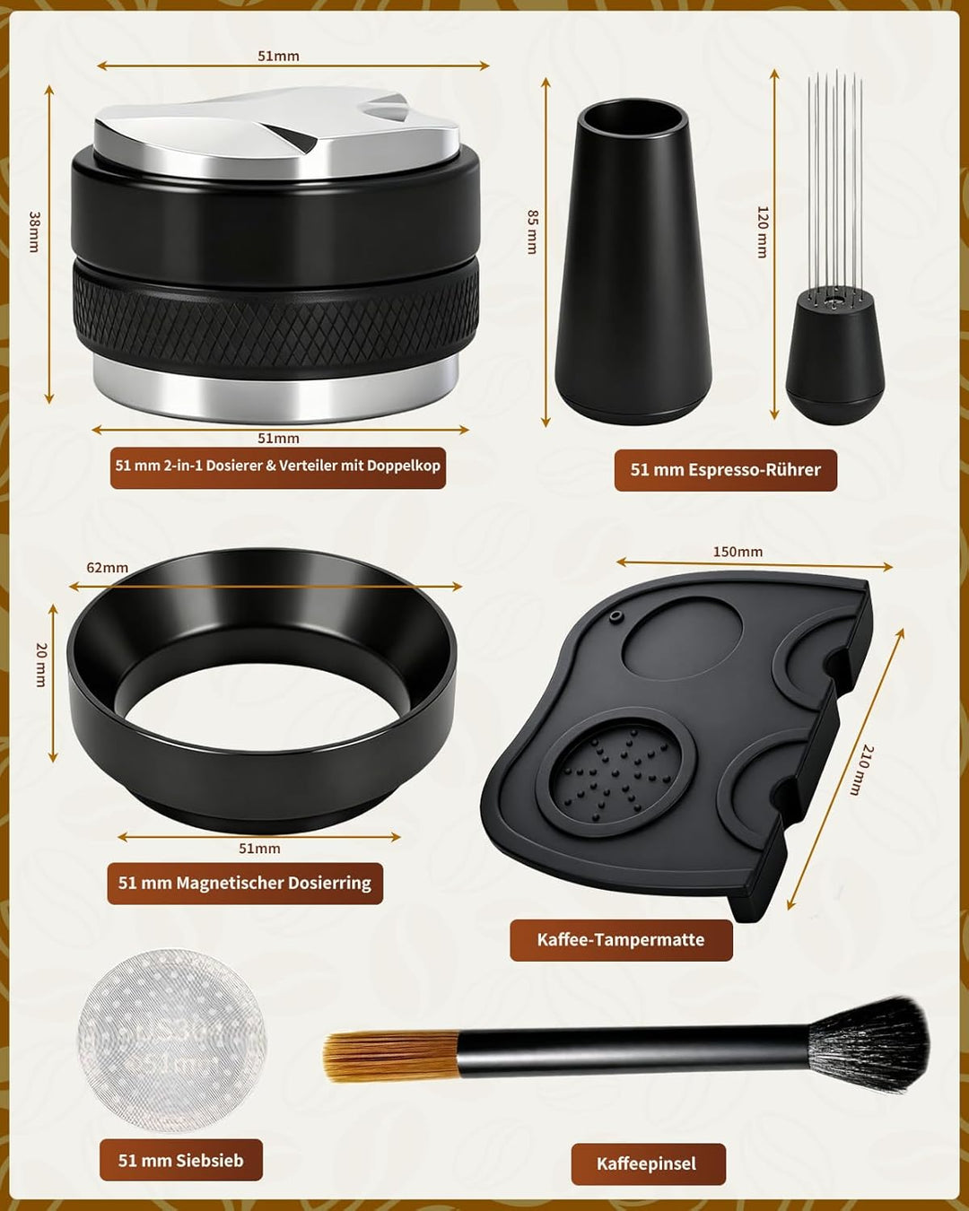 51mm Siebträger Zubehör | Coffee Distributor 51mm Espresso Leveler Tool, Komplettes Barista Set mit