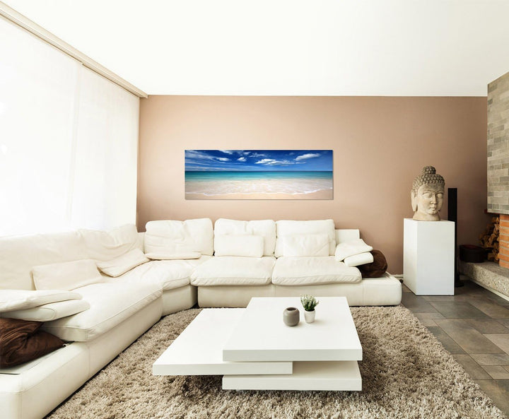 Paul Sinus Art Panoramabild auf Leinwand und Keilrahmen 150x50cm Meer Sandstrand Wolkenschleier