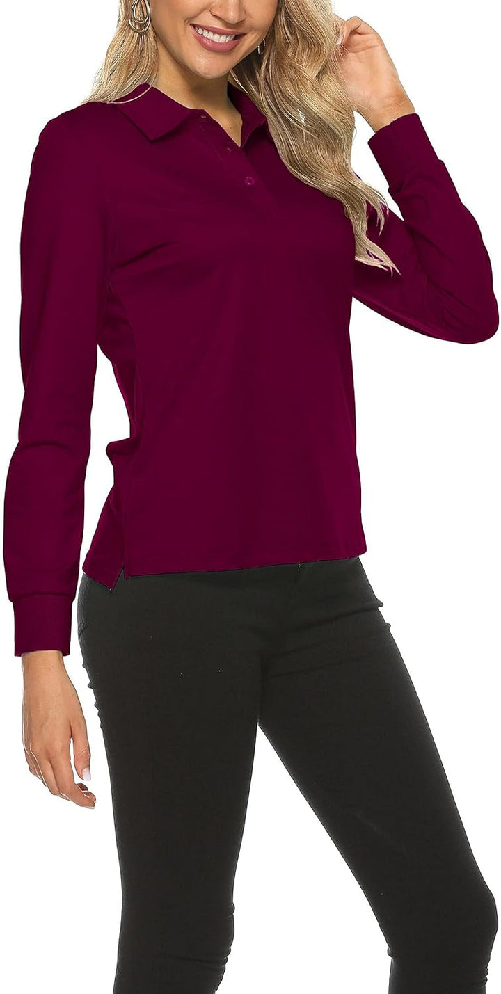 Damen Poloshirt Baumwolle Golf Wintershirt Langarm Oberteile Sports Training Polo mit Kragen Weinrot