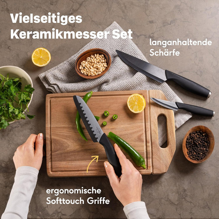 SILBERTHAL Messerblock mit Messer Schwarz - Messerset 3-teilig - robuste Keramikmesser (Santokumesse