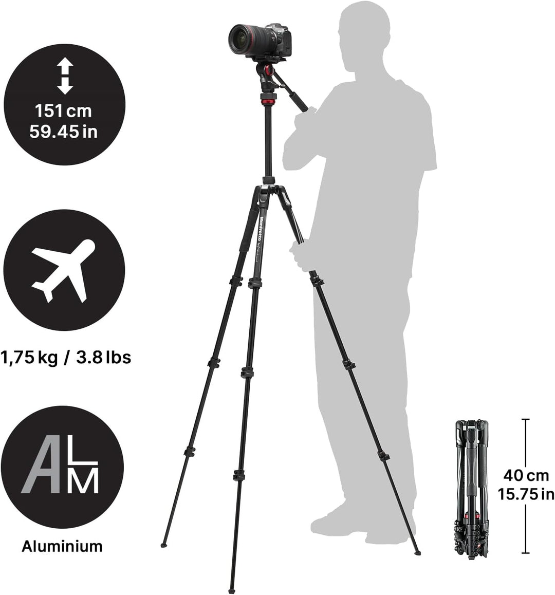 Manfrotto Befree Travel Light Weight, Fluid Drag System Professional Video Stativ, Schwarz (MVKBFRL-