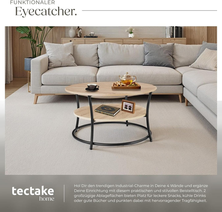 tectake® Tisch rund, 2 Ablagen, Wohnzimmertisch Ø 80, Couchtisch mit Stauraum, Beistelltisch Holz un
